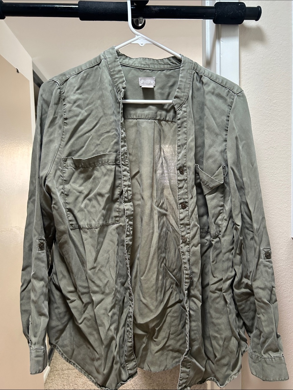 Chico’s Lyocell Olive Green Lightweight Button-Front Shirt